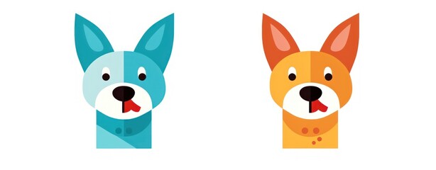 Naklejka premium Two Playful Cartoon Dog Heads in Bright Colors with Expressive Faces, Ideal for Children's Products, Pet Services, and Fun Illustrations for Various Creative Projects