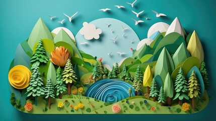 Paper Miniature Eco-Village featuring houses, trees, and nature elements on a spherical surface, surrounded by flying birds, symbolizing sustainability and harmony. World Habitat Day. Arbor Day. 