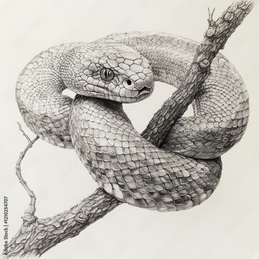Poster Coiled snake resting on a branch showcases intricate scale patterns in detail