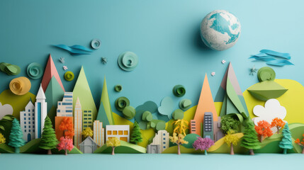 Paper Miniature Eco-Village featuring houses, trees, and nature elements on a spherical surface, surrounded by flying birds, symbolizing sustainability and harmony. World Habitat Day. Arbor Day. 