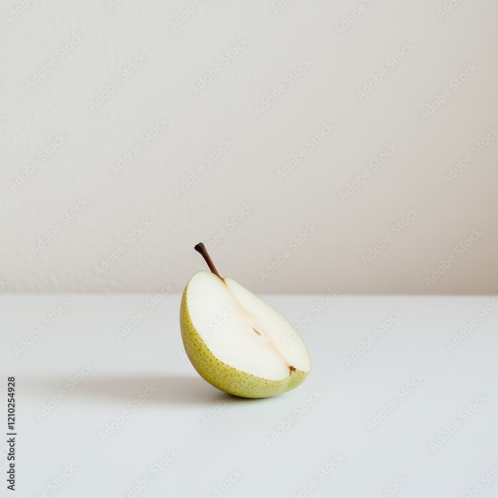 Aufkleber Single slice of pear resting on a smooth white surface against a light background in a minimalist setting