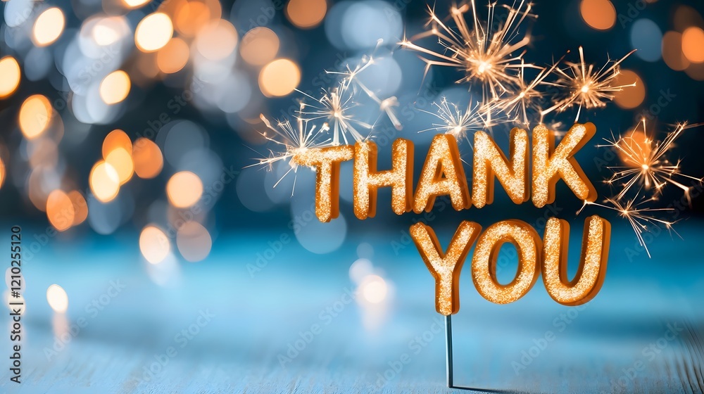 Poster Glowing golden  Thank You  text displayed against a soft blurred background filled with bursting twinkling sparklers and a festive celebratory atmosphere  The image conveys a sense of gratitude