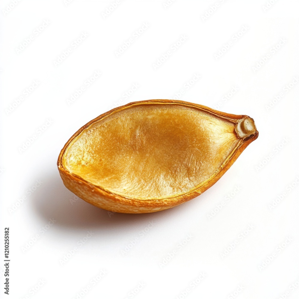 Poster single golden roasted pumpkin seed placed on a clean surface highlighting its unique shape and textu