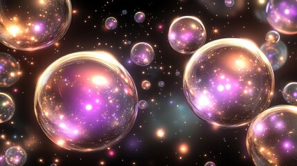 A bunch of colorful orbs floating in space. The orbs are of different sizes and colors, and they are surrounded by a dark background. Concept of wonder and curiosity about the universe