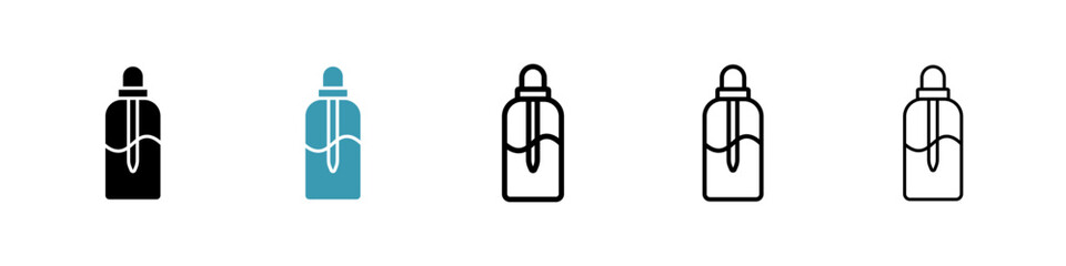 Oil dropper bottle icons collection in black and blue colors