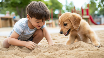 A young boy and a playful puppy enjoy digging in the sand at a park, sharing a joyful moment on a sunny day