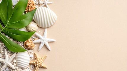 Obraz premium Collection of seashells and starfish with green leaves on sandy surface creating a tranquil coastal theme