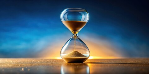 A glass hourglass with golden sand against a vibrant sunset and twilight sky, symbolizing the passage of time and fleeting moments.
