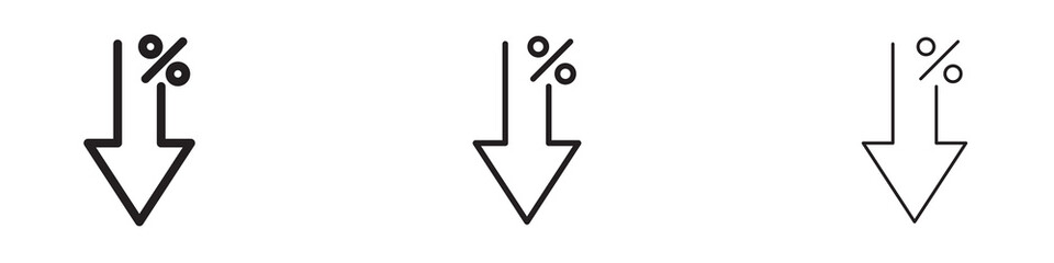 Percent down icon set in black filled and stroke line style. © Ranveer