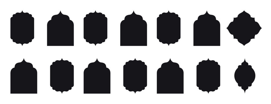 Traditional islamic window shapes in oriental style. Set of black silhouette eid mubarak decorative arches, mosque borders or moroccan gates.