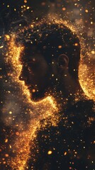 Obraz premium Serene representation of a man glowing with light and energy against a dark background in an abstract style