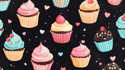 Fresh Sweet Cupcakes Seamless Pattern on Black Background