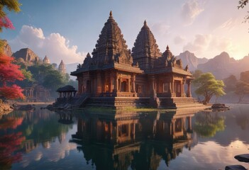 Fototapeta premium Ancient Hindu temple with majestic architecture overlooking a lake, garden, asia temple, lake view