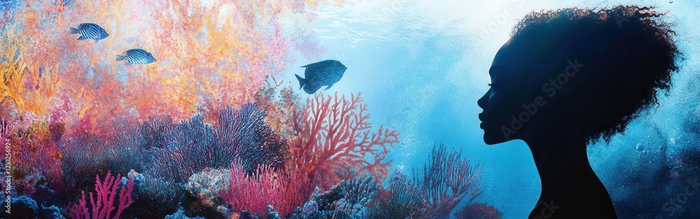 Aufkleber woman illuminated by vibrant coral reef while observing colorful fish in serene underwater setting