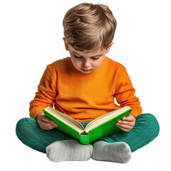 Child reading a green book indoor setting png image of early education cozy environment focused viewpoint