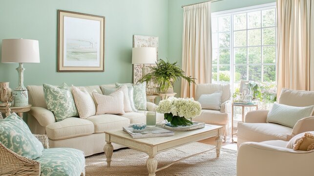 Serene living room featuring pastel mint green walls and elegant furnishings with soft natural lighting