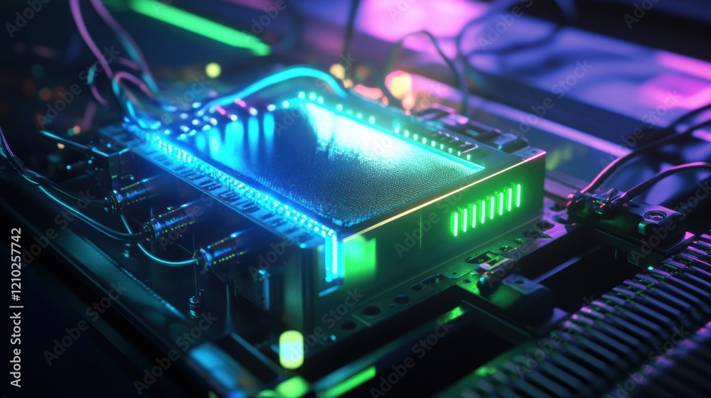 Poster quantum computing processor performing complex calculations, emitting glowing lights and showcasing 