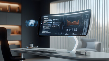 A modern futuristic workspace featuring a glowing interface on a sleek desk in a dimly lit room, representing advanced technology and innovative design