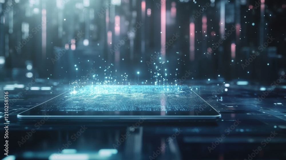 Poster projecting hologram data visualizations from a futuristic tablet in a server room, illuminating the 
