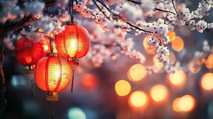 Obraz premium Glowing Red Lanterns Blossom Branch Chinese New Year