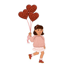 Vector Colorful Illustration of Little Girl Walks with Heart-Shaped Balloons Isolated on White Background