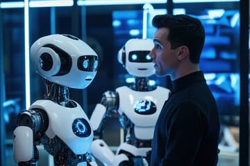 Man interacting with two advanced humanoid robots