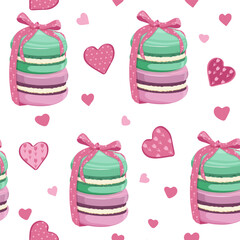 Different tastes and colors macaroons tied with a bow on a white background. Seamless vector illustration.