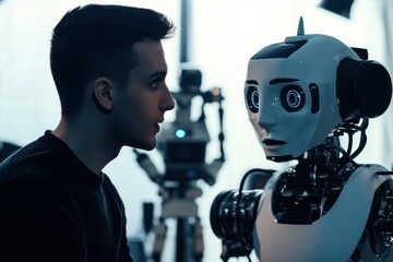Man's inquisitive stare at curious talking robot.