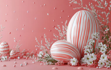 Pastel Easter Delight:  A trio of beautifully striped, pink and white Easter eggs nestle amidst delicate white blossoms,  a charming and playful scene in a soft pink backdrop.  