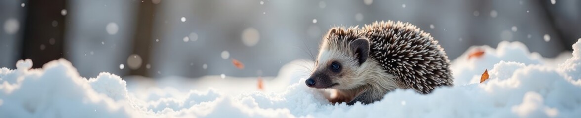 Obraz premium Hedgehog curled up in a ball under snow-covered maple leaves, trees, cold, winter wonderland