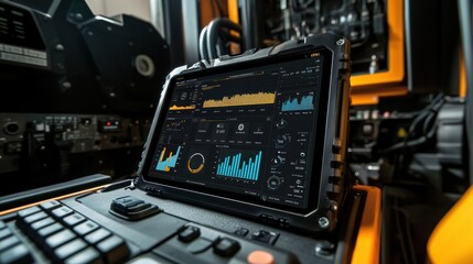 Rugged tablet computer showcasing various data visualizations and key performance indicators - kpis - within a complex industrial environment, suggesting advanced monitoring and control systems