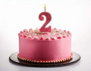 Decorated pink cake for birthday or anniversary party, candle number 2, white background