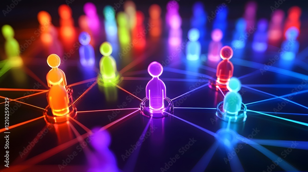 Poster Vibrant Network of Colorful Figures Representing Human Connections and Interactions in the Digital Age, Symbolizing Community, Collaboration, and Communication