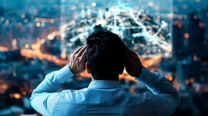 A man in a shirt gazes at a digital interface displaying data over a city skyline, suggesting a theme of technology and innovation.
