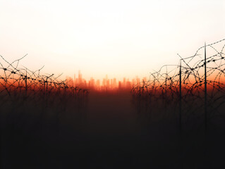 Fototapeta premium An abstract representation of a military base with barbed wire fences, symbolizing defense. Military base wire design.