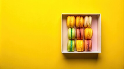 A delightful assortment of colorful macarons in a pastel box against a vibrant yellow background