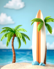 Naklejka premium Surfboard and palm tree on beach background, craft clay, with white tones