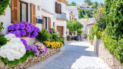 Fototapeta premium Sunny Mediterranean village street, flowers, houses. Travel brochure