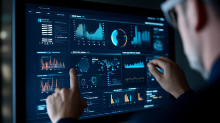 Fototapeta premium A person interacts with a high-tech screen displaying various data visualizations, charts, and graphs, indicating data analysis in a modern environment.