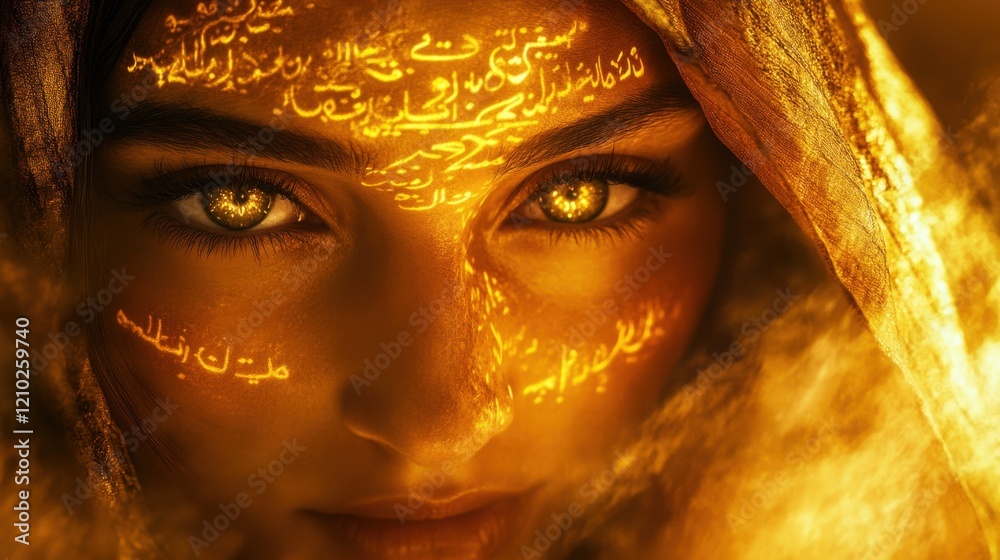 Aufkleber mystical visualization of a woman's face with glowing golden eyes and inscriptions glowing softly in