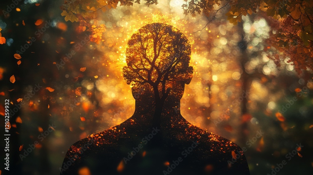 Poster mystical silhouette of a man filled with vibrant autumnal nature in a serene forest setting during t