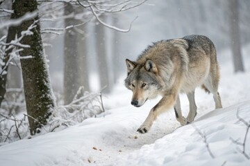 Fototapeta premium An ethereal wolf's paws barely touch the ground as it glides effortlessly across the snow-covered forest floor, snowy landscape, effortless movement, serene environment