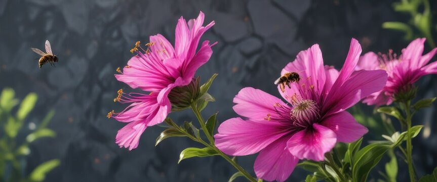 An Exora flower with a single bee hovering around it in the background, background, bees
