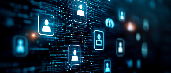 A digital network of user profiles represented by glowing icons amidst a backdrop of data streams, symbolizing connectivity and social interaction.