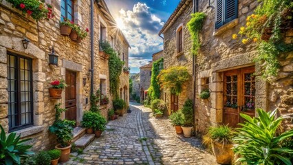 Fototapeta premium Sun-drenched cobblestone lane in a quaint village, featuring rustic stone buildings adorned with vibrant flower boxes and lush greenery, bathed in warm sunlight.