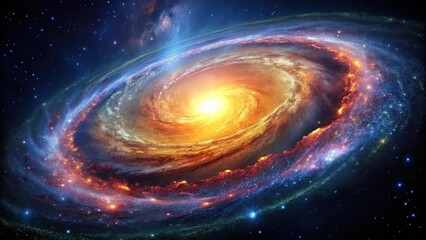 Obraz premium A vibrant spiral galaxy with a bright, fiery core and swirling arms of cosmic dust and stars
