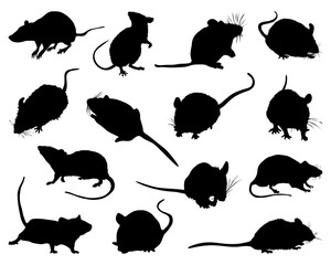 Black silhouettes of mice on a white background