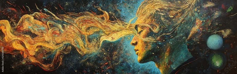 Poster mystical profile of a man surrounded by cosmic elements and vibrant colors depicting a transcendenta