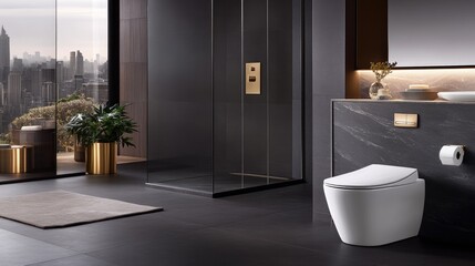 Elegant gray bathroom showcases modern design with natural stone accents, stylish vanity, and potted plants enhancing the ambiance