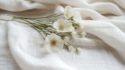 White Flowers Resting on White Fabric